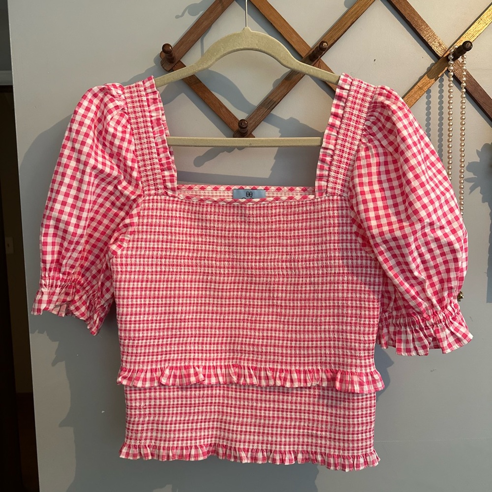 Pink Gingham Plaid Ruffle Blouse Puff Sleeves Square Neck Sz L Feminine Cottage